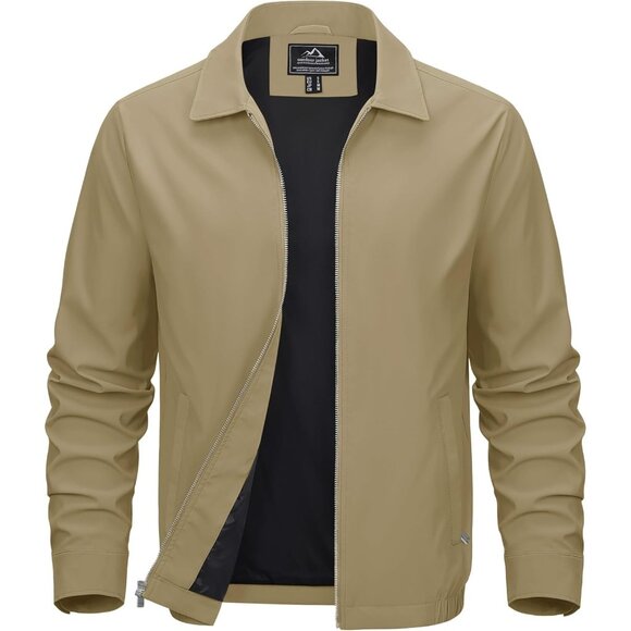 🆕 Men Khaki Lightweight Jacket Full Zip Golf Collar Windbreaker Casual Spring - Picture 1 of 7